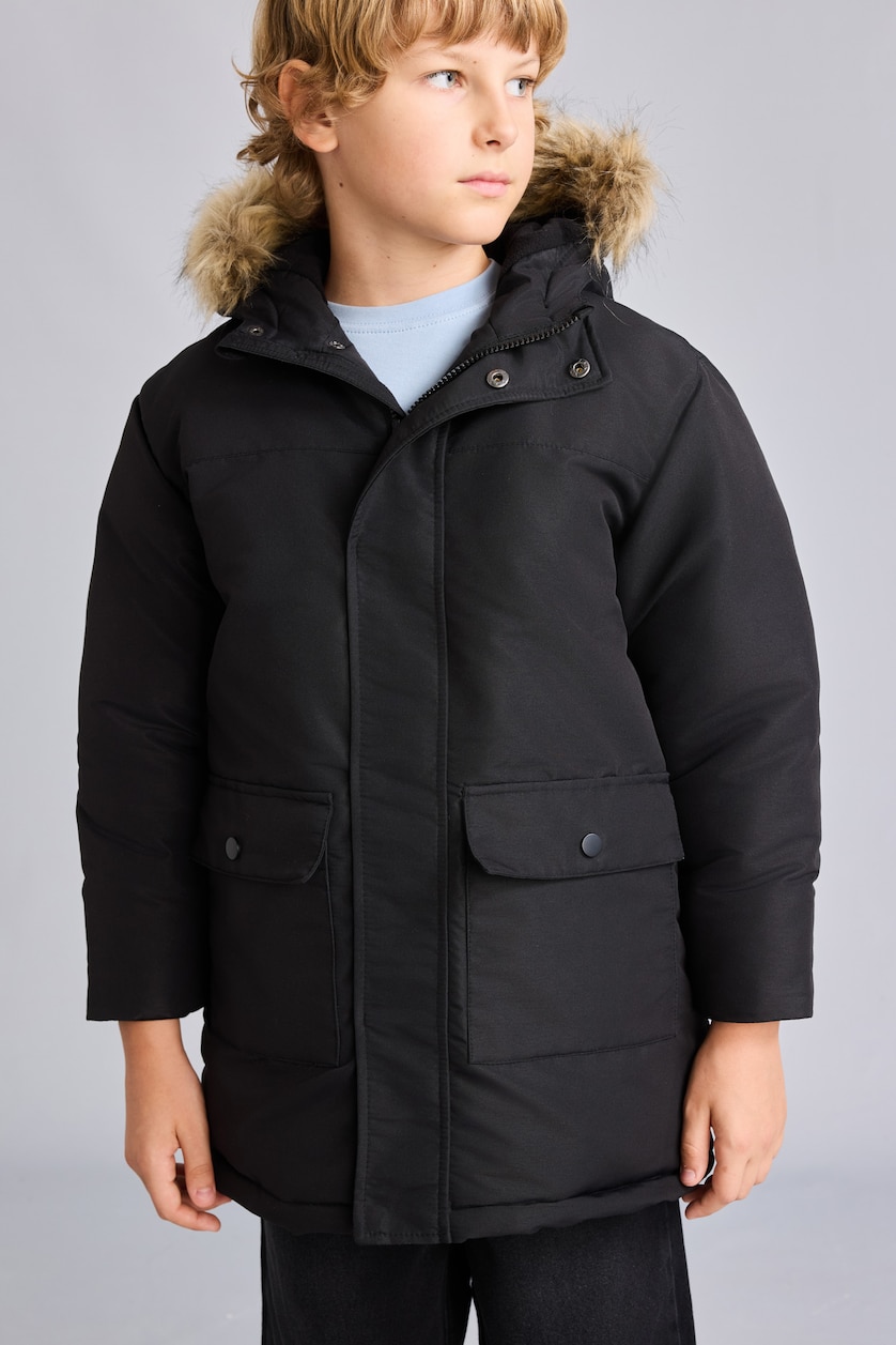 Young Boys - Teen Boys Black Boy Hooded Plush Coat