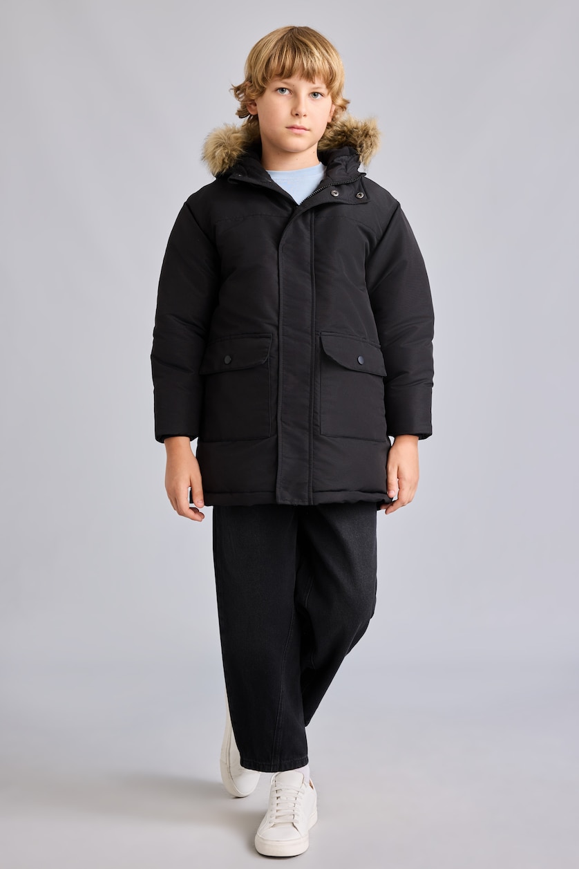 Young Boys - Teen Boys Black Boy Hooded Plush Coat