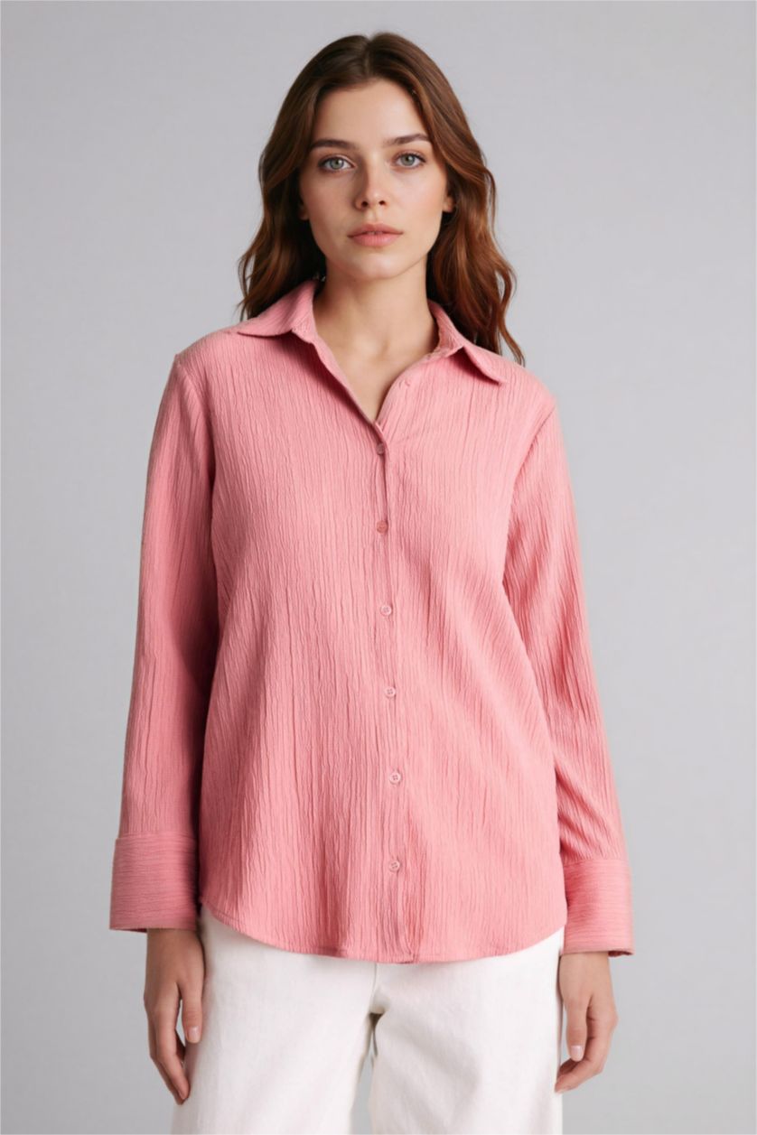 Kadın Gülkurusu Regular Fıt Gömlek Yaka Gofre Dokulu Uzun Kollu Gömlek