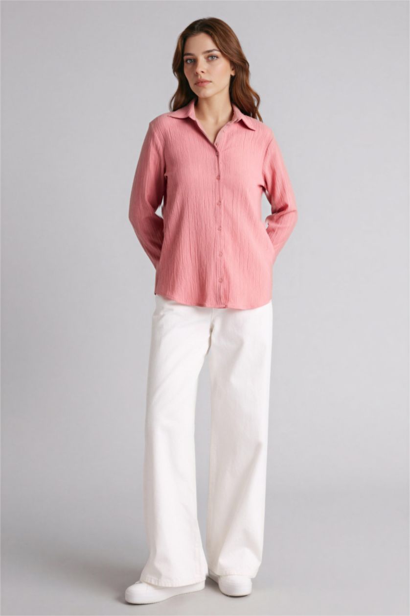 Kadın Gülkurusu Regular Fıt Gömlek Yaka Gofre Dokulu Uzun Kollu Gömlek