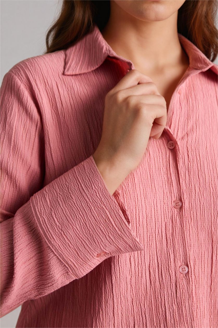 Kadın Gülkurusu Regular Fıt Gömlek Yaka Gofre Dokulu Uzun Kollu Gömlek