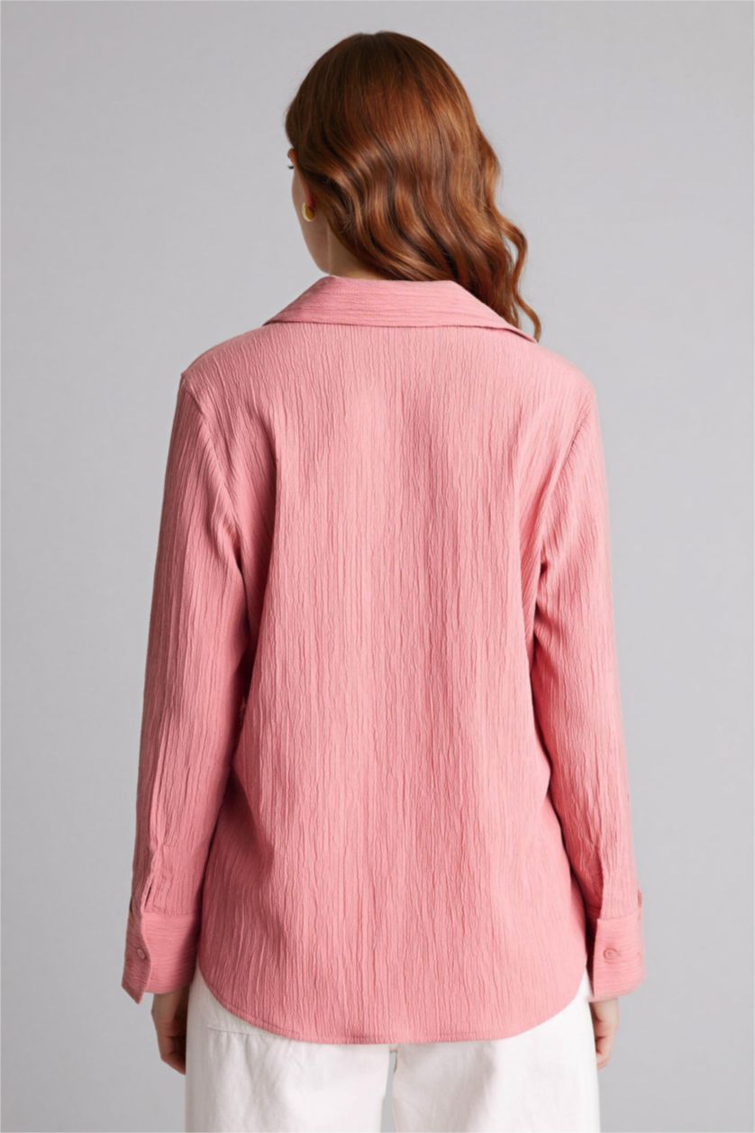 Kadın Gülkurusu Regular Fıt Gömlek Yaka Gofre Dokulu Uzun Kollu Gömlek