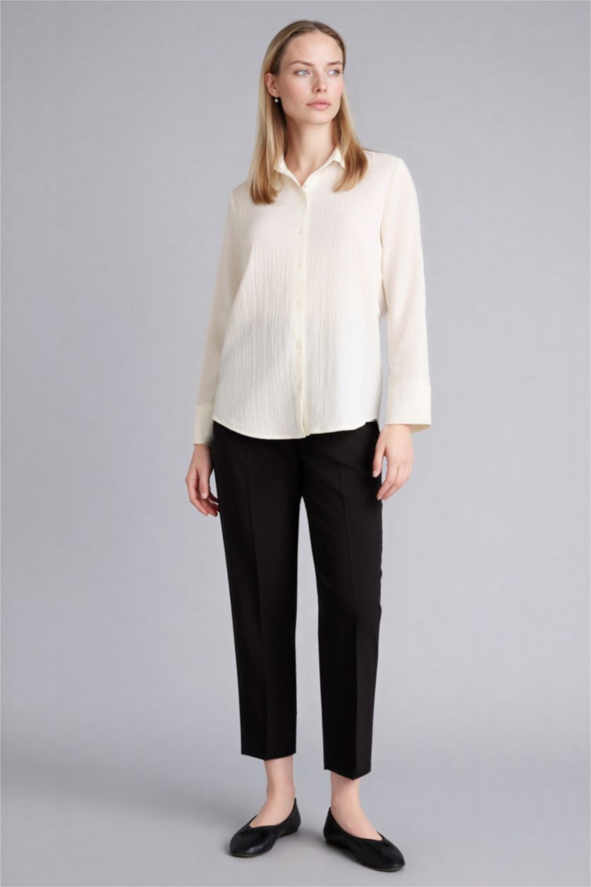 Kadın Ekru Regular Fıt Gofre Dokulu Gömlek