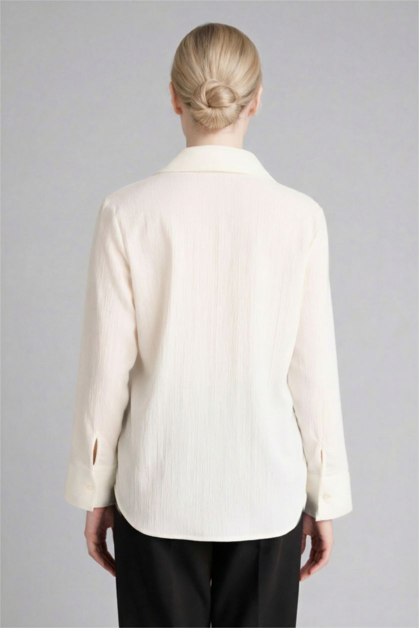 Kadın Ekru Regular Fıt Gofre Dokulu Gömlek