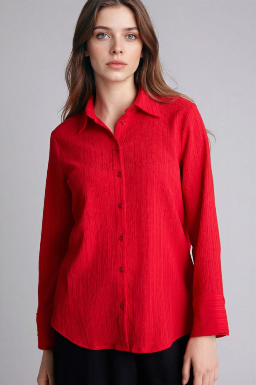 Woman Red Regular Fit Shirt Collar Wowen Fabrics Long Sleeve Shirt