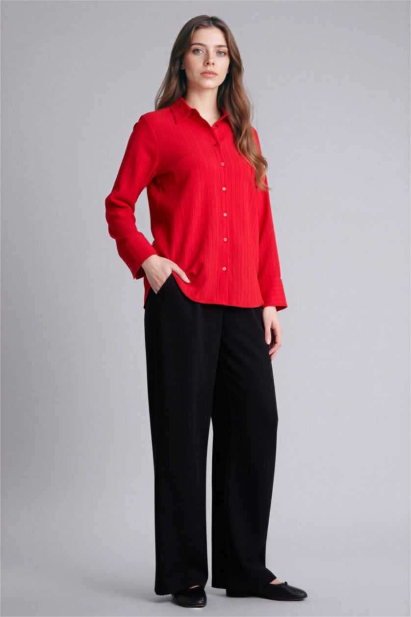 Woman Red Regular Fit Shirt Collar Wowen Fabrics Long Sleeve Shirt