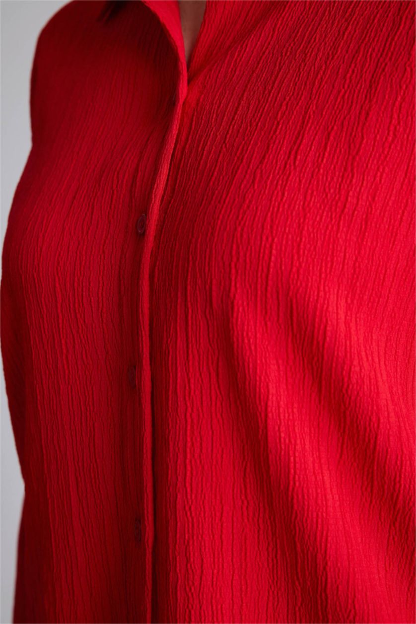 Woman Red Regular Fit Shirt Collar Wowen Fabrics Long Sleeve Shirt