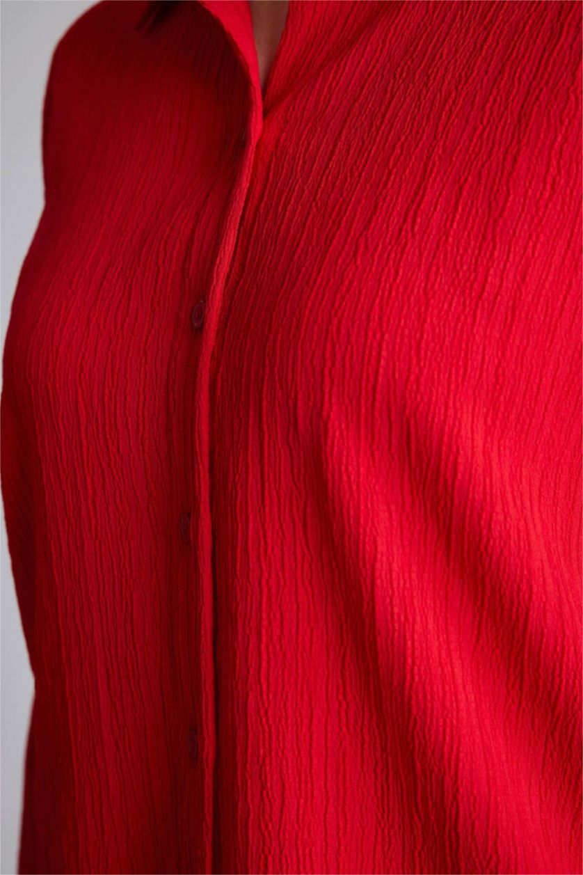 WOMAN Red Regular Fit Waffle Textured Long Sleeve Shirt