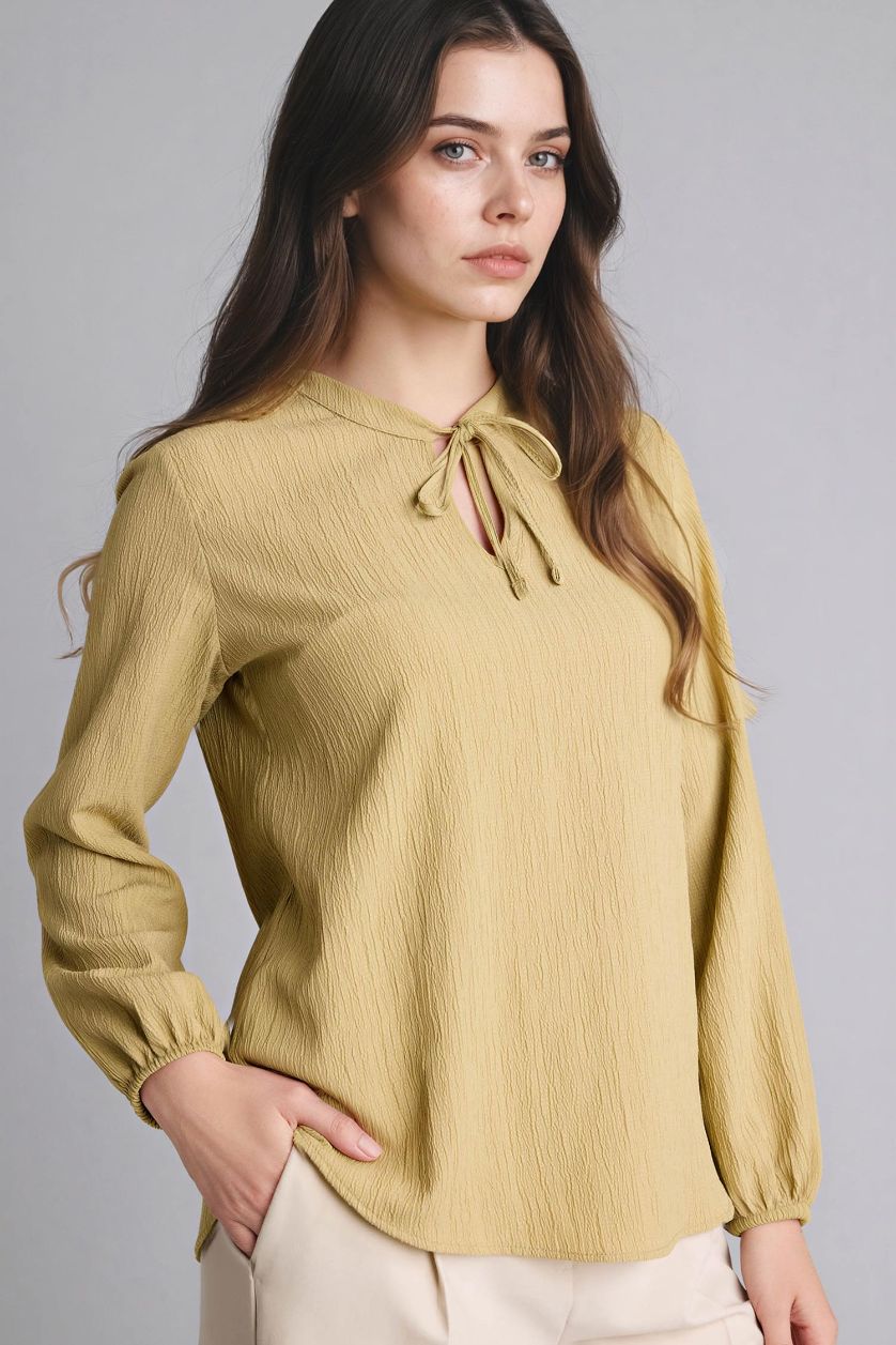 Woman Light Khaki Regular Fit Crew Neck Long Sleeve Blouse