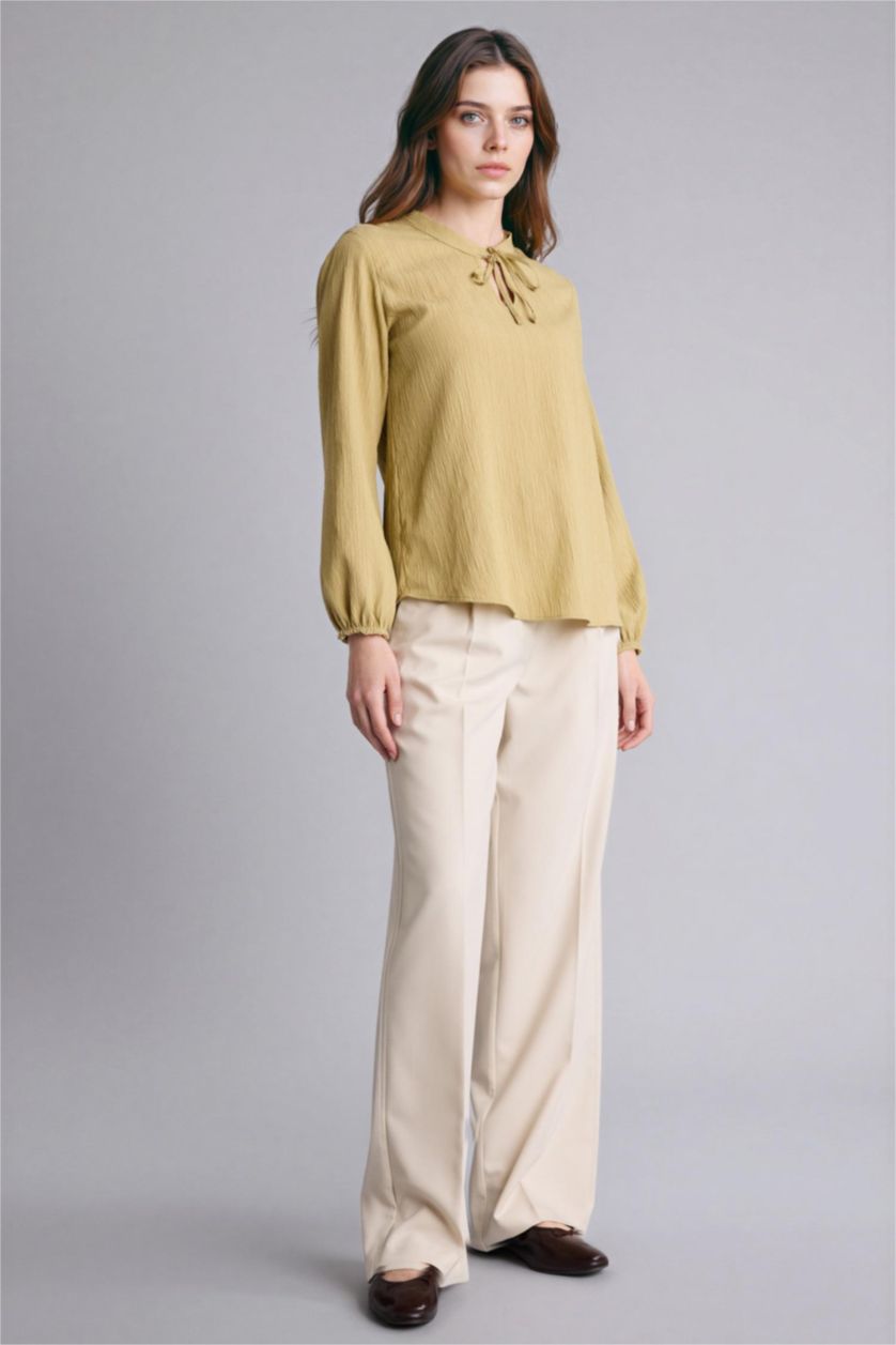 Woman Light Khaki Regular Fit Crew Neck Long Sleeve Blouse