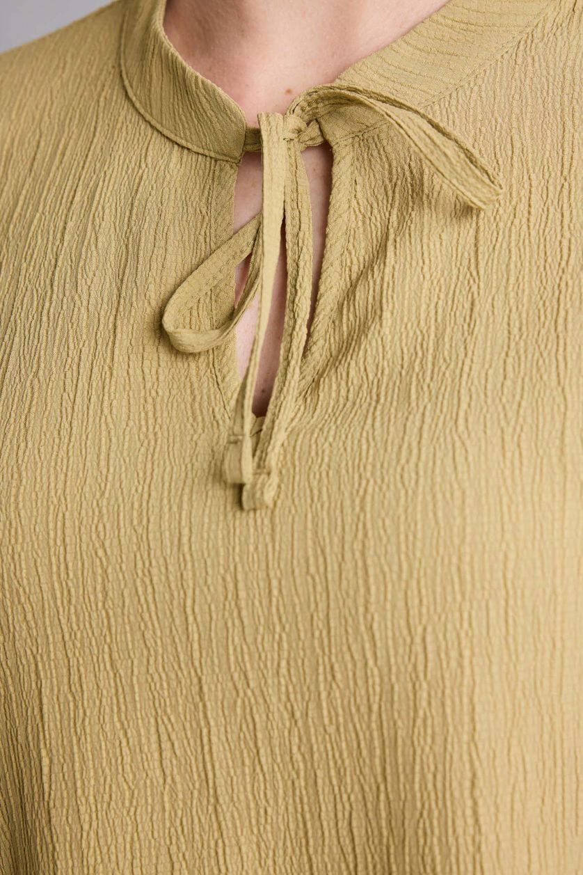 Woman Light Khaki Regular Fit Crew Neck Long Sleeve Blouse