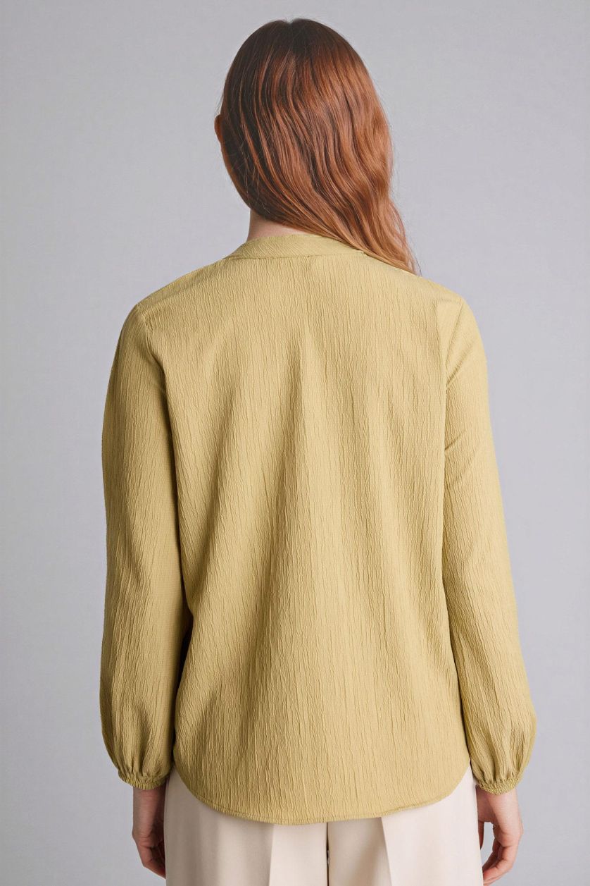 Woman Light Khaki Regular Fit Crew Neck Long Sleeve Blouse