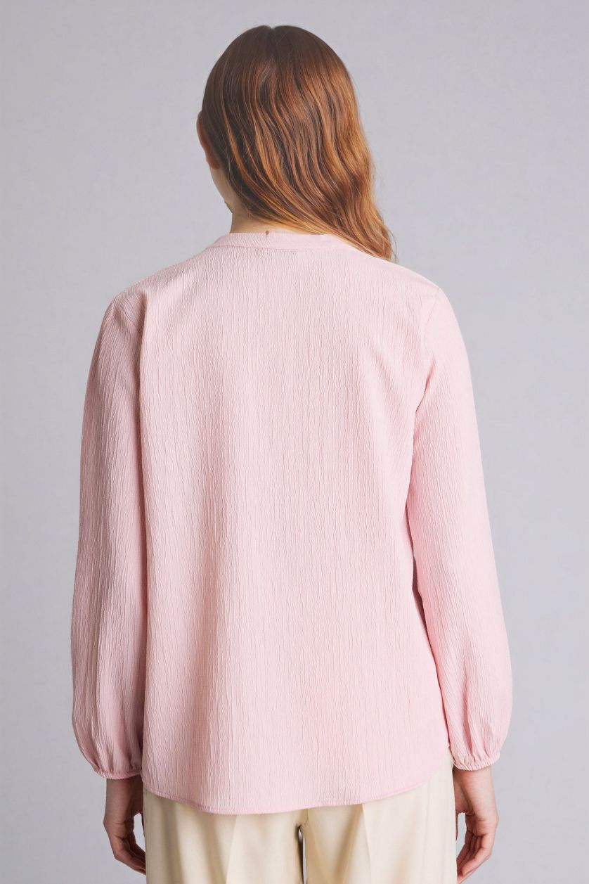 Woman Light Pink Regular Fit Crew Neck Long Sleeve Blouse