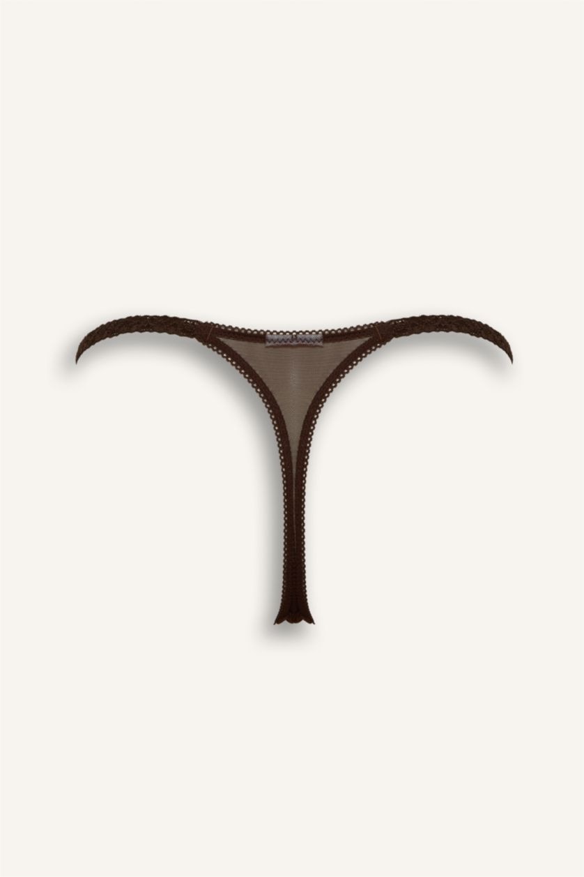 Kadın Kahve Nakışlı Dantel Detaylı Tül