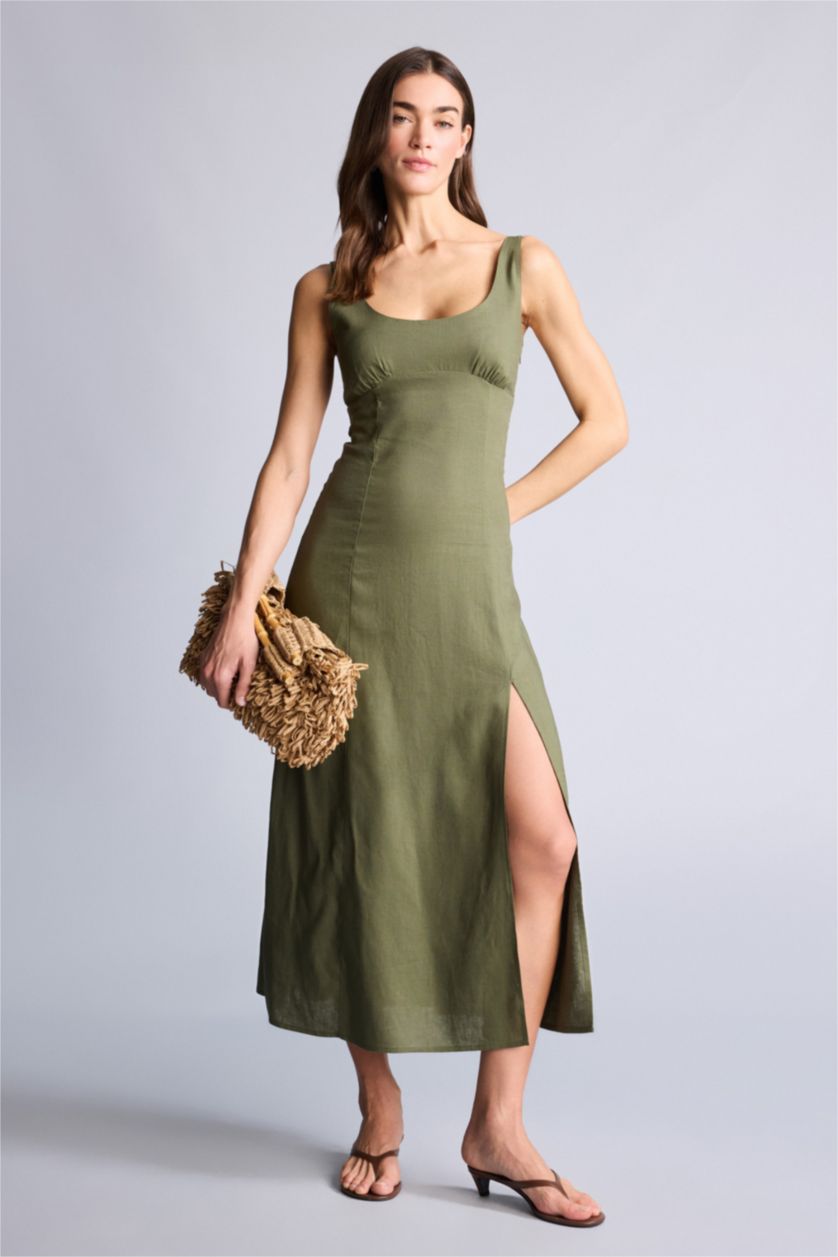 WOMAN Khaki Linen Blended Midi Dress