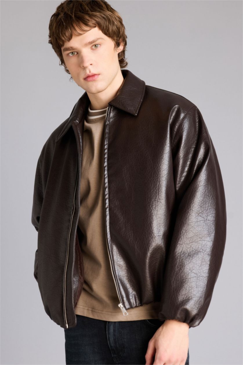 Man Brown Boxy Fit Faux Leather Jacket