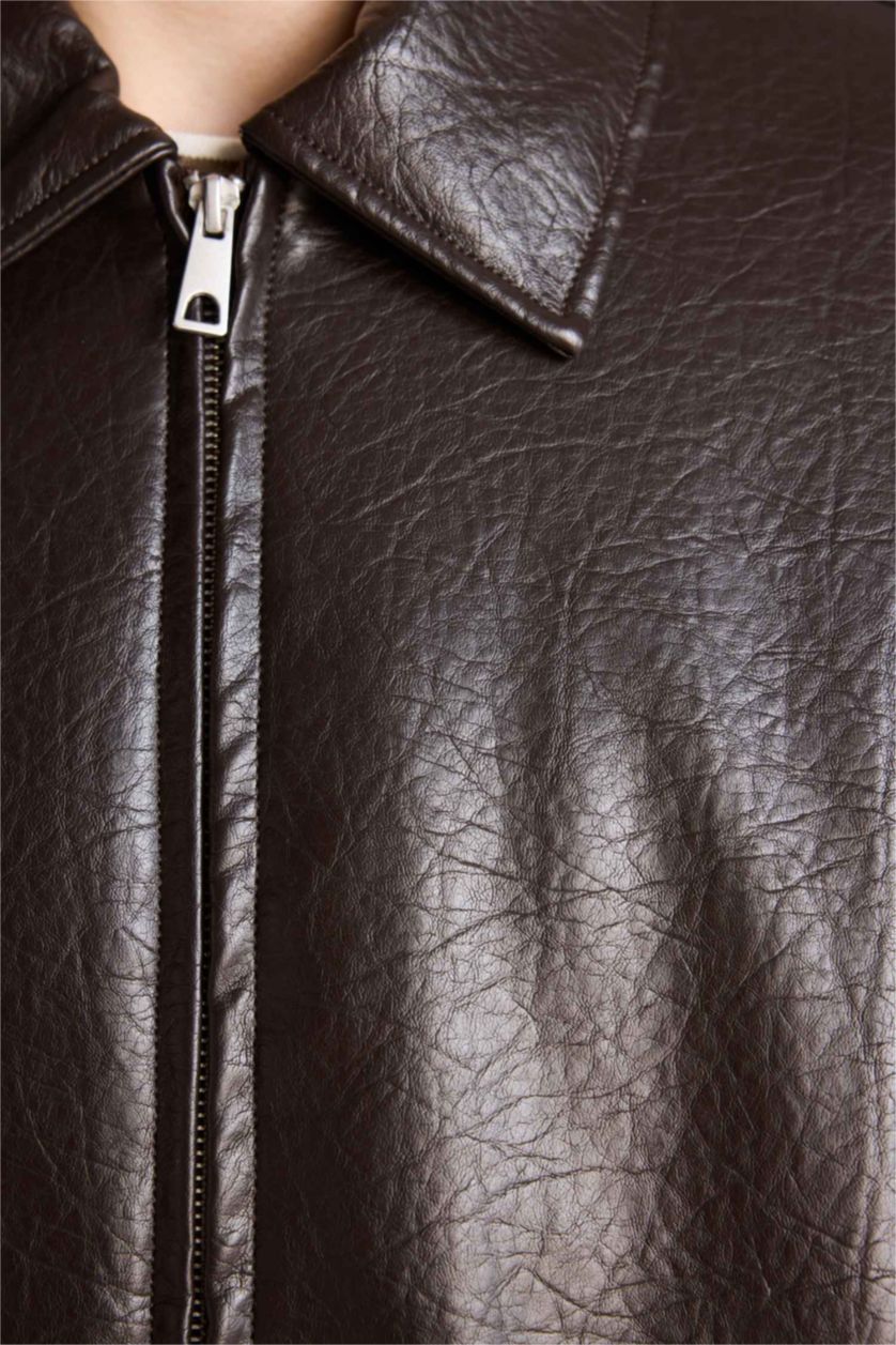 Man Brown Boxy Fit Faux Leather Jacket