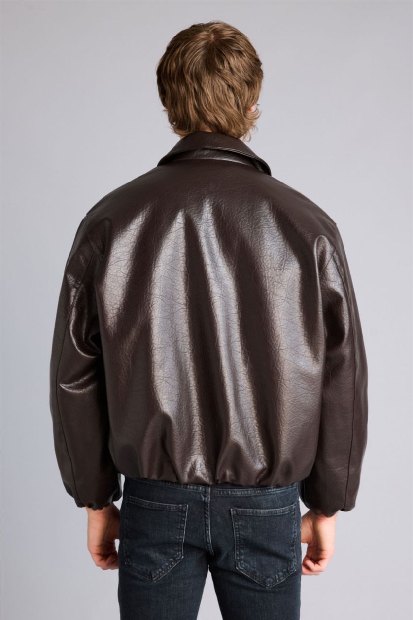 Man Brown Boxy Fit Faux Leather Jacket