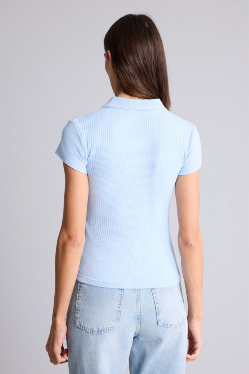 Женщины Голубрй Футболка поло кашкорсе Slim Fit в рубчик с коротким рукавом