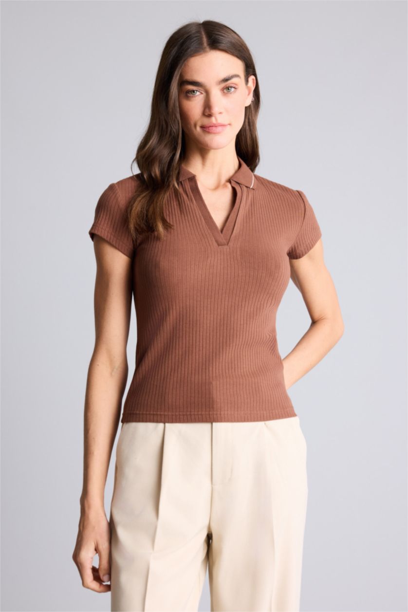 Женщины Светло коричневый Футболка поло кашкорсе Slim Fit в рубчик с коротким рукавом