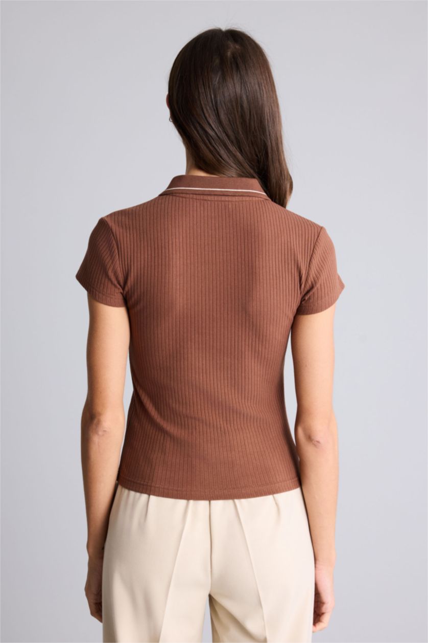 Женщины Светло коричневый Футболка поло кашкорсе Slim Fit в рубчик с коротким рукавом