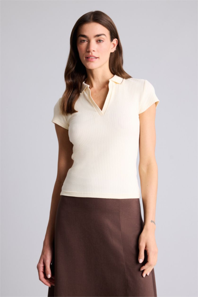 Женщины Бежевый Футболка поло кашкорсе Slim Fit в рубчик с коротким рукавом