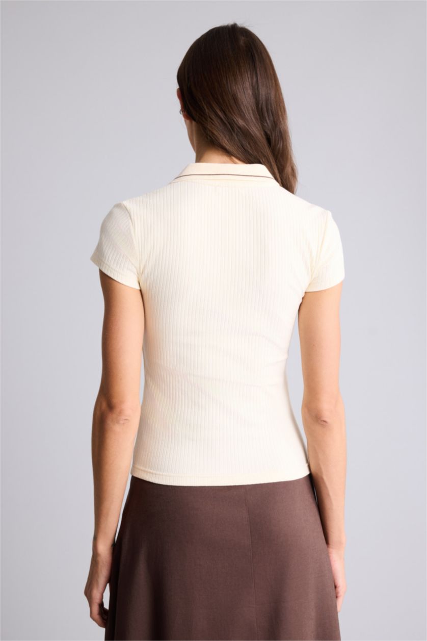 Женщины Бежевый Футболка поло кашкорсе Slim Fit в рубчик с коротким рукавом