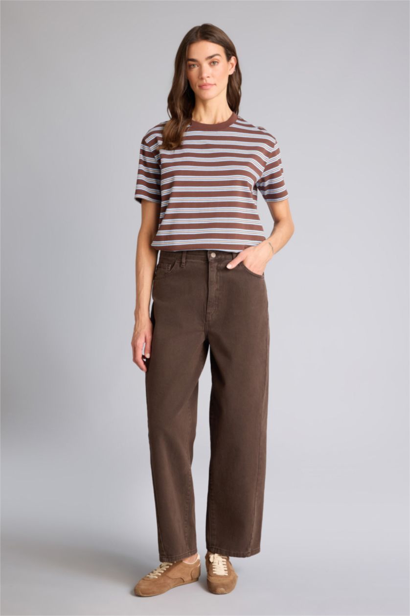 FEMME Marron T-shirt rayé à col rond et manches courtes Coupe décontractée