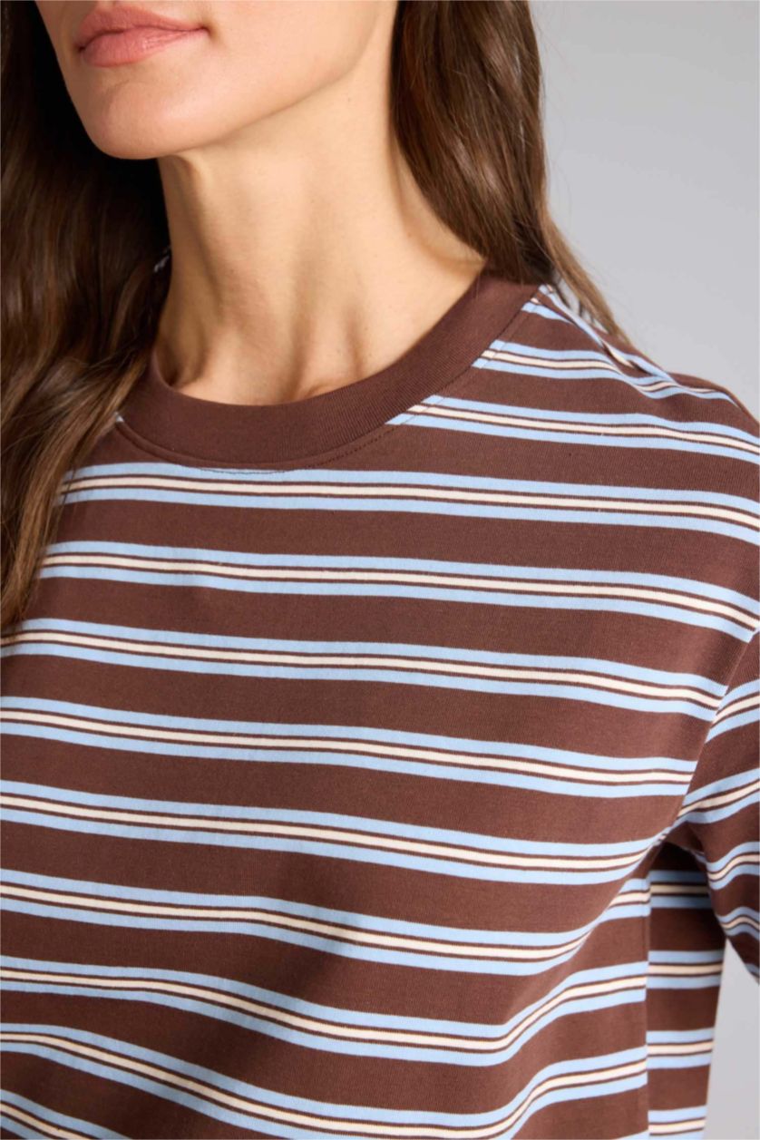 FEMME Marron T-shirt rayé à col rond et manches courtes Coupe décontractée