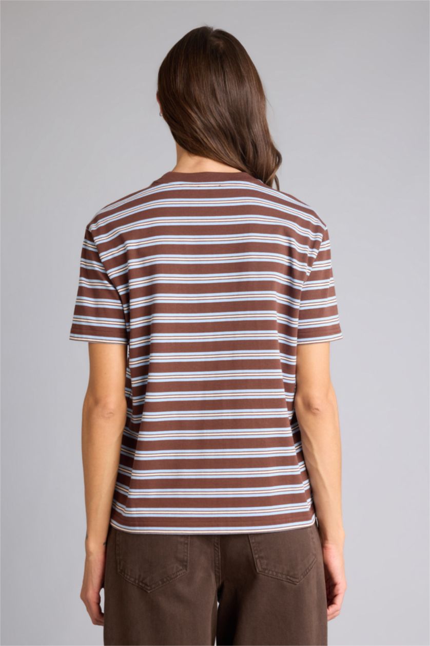 FEMME Marron T-shirt rayé à col rond et manches courtes Coupe décontractée