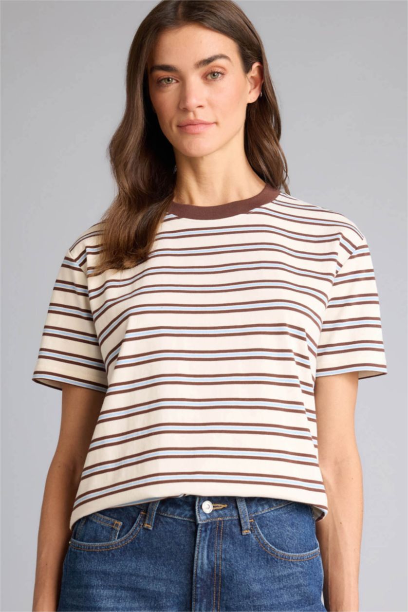 Женщины Бежевый Футболка Premium Relax Fit в полоску с круглым вырезом и коротким рукавом