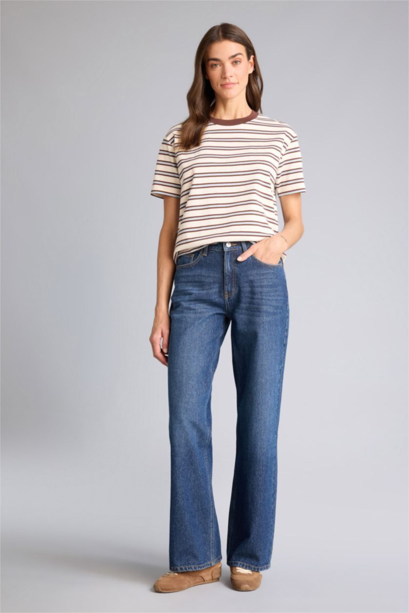 Женщины Бежевый Футболка Premium Relax Fit в полоску с круглым вырезом и коротким рукавом