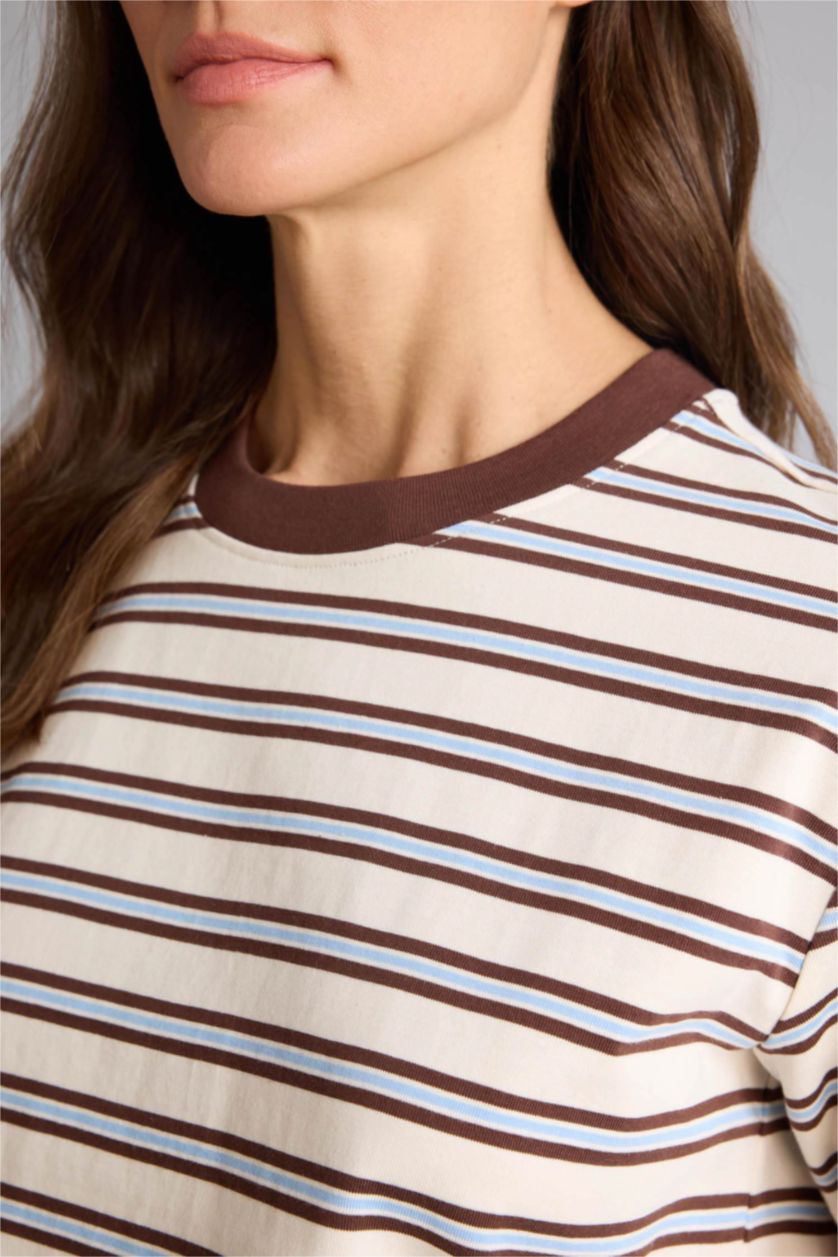 Женщины Бежевый Футболка Premium Relax Fit в полоску с круглым вырезом и коротким рукавом