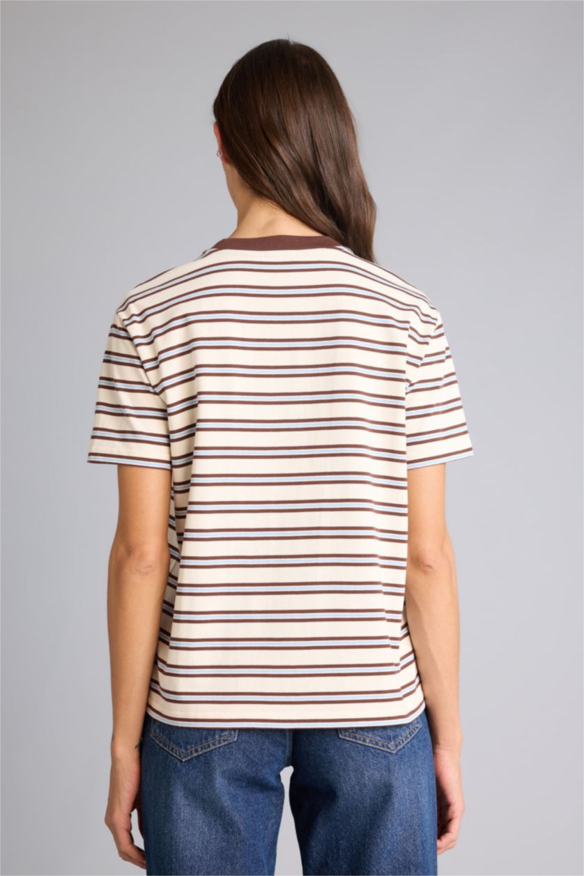 Женщины Бежевый Футболка Premium Relax Fit в полоску с круглым вырезом и коротким рукавом