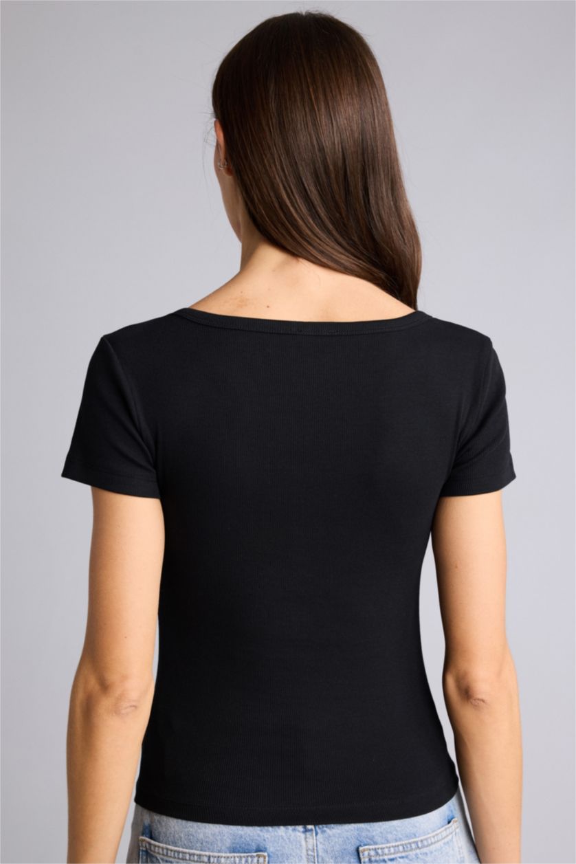 Женщины Черный Футболка кашкорсе Slim Fit в рубчик с воротником на пуговицах и коротким рукавом