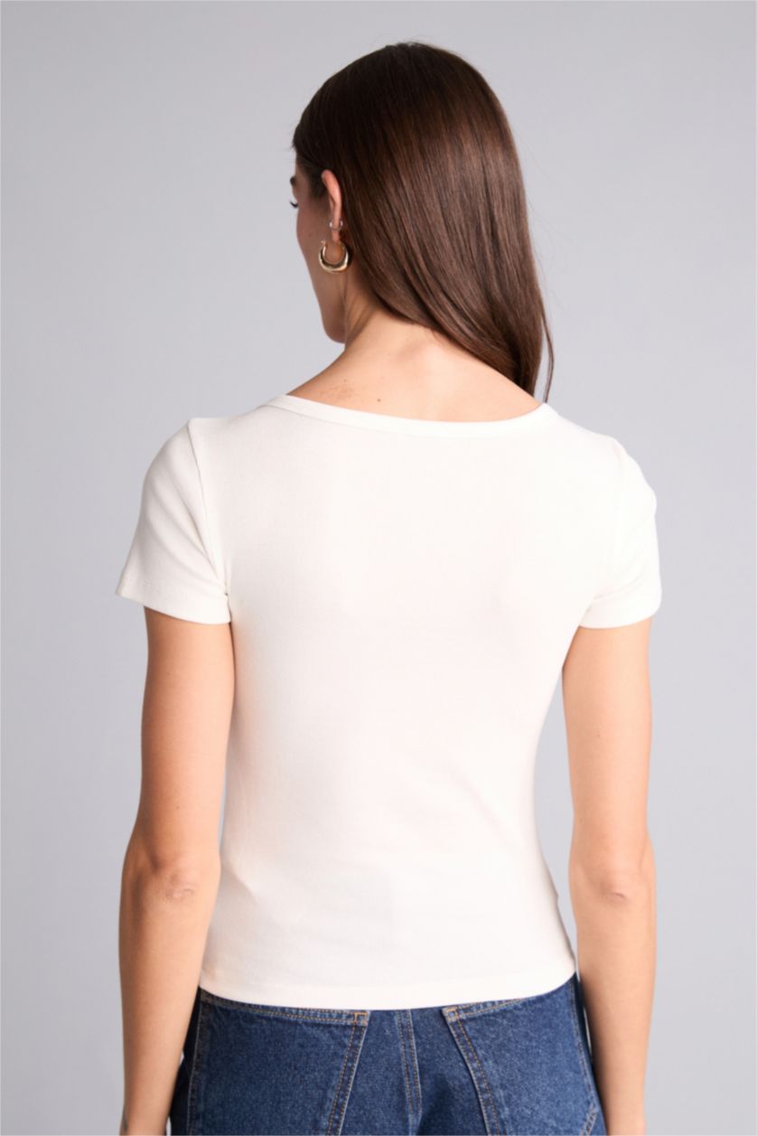 Женщины Бежевый Футболка кашкорсе Slim Fit в рубчик с воротником на пуговицах и коротким рукавом