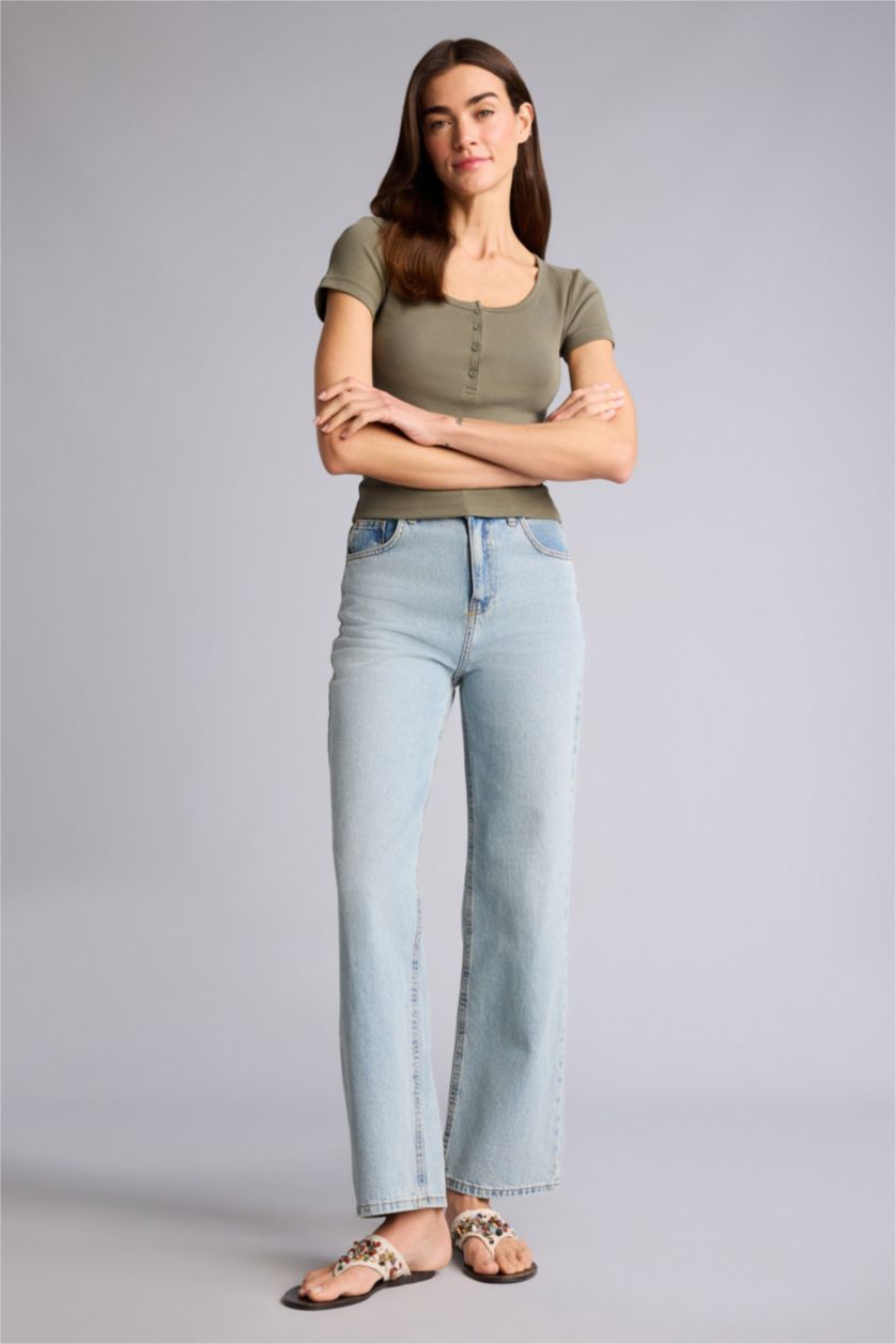 Женщины Светлый хаки Футболка кашкорсе Slim Fit в рубчик с воротником на пуговицах и коротким рукавом