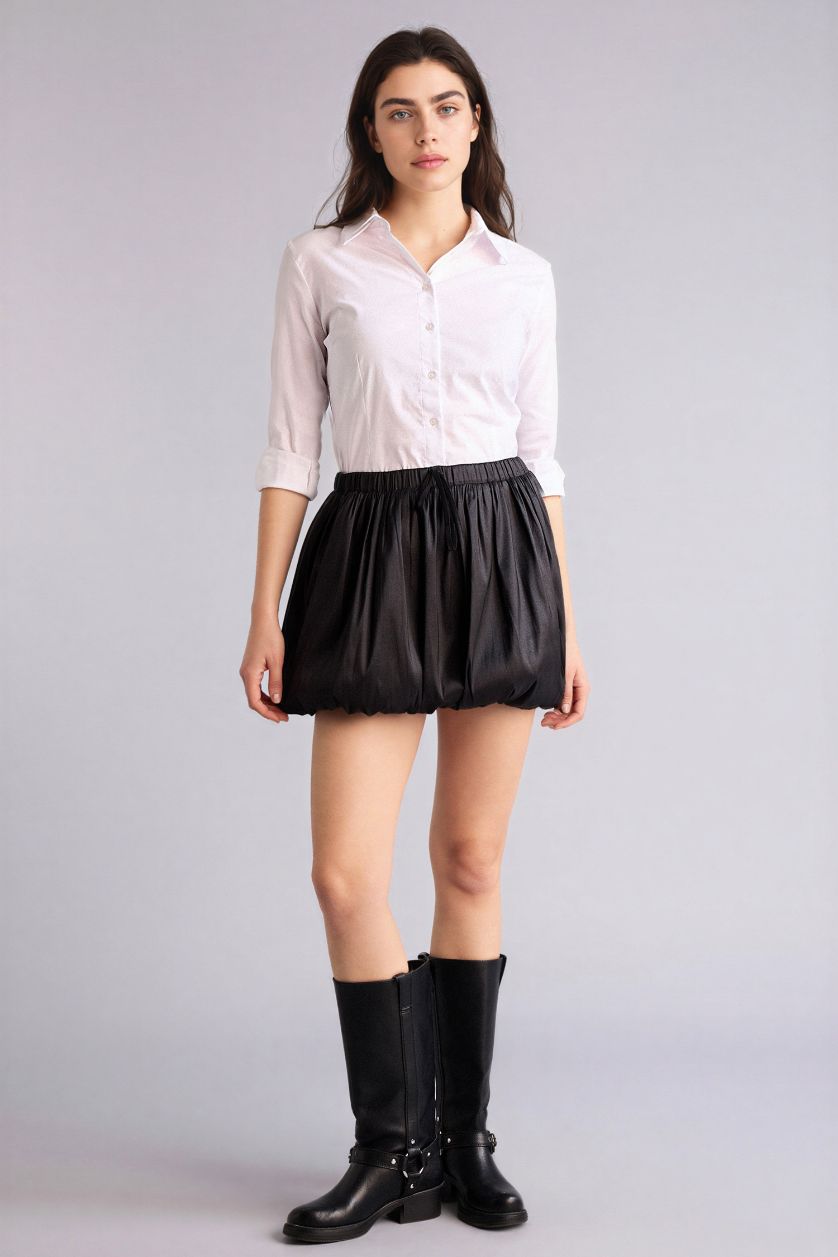 Kadın Siyah Balloon Fıt Normal Bel Tafta Mini Etek