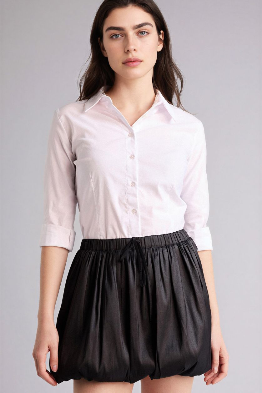 Kadın Siyah Balloon Fıt Normal Bel Tafta Mini Etek