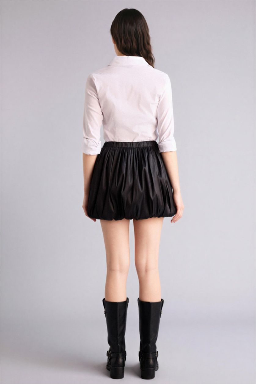 Kadın Siyah Balloon Fıt Normal Bel Tafta Mini Etek