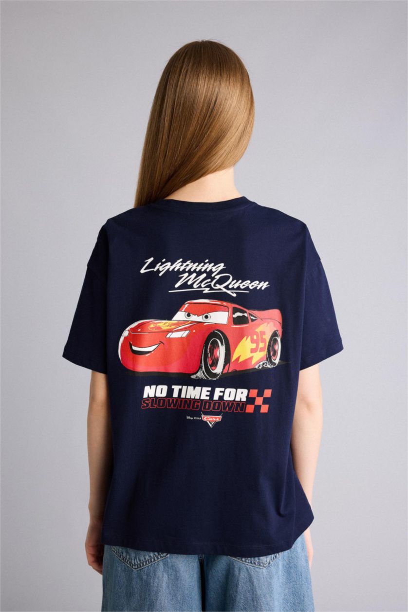 Kadın Lacivert Cars baskılı lacivert oversize kısa kollu tişört. 