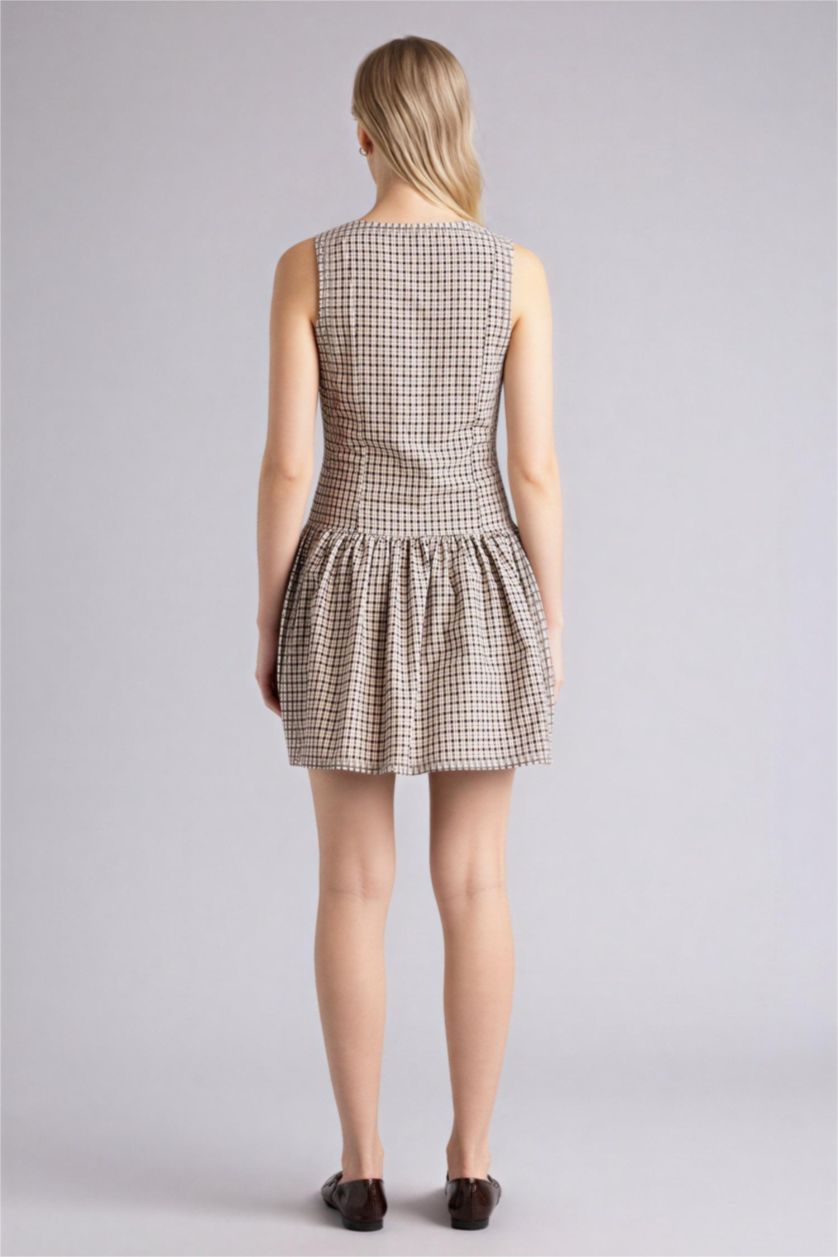 WOMAN Brown فستان قصير كاروهات قطن وياقة مستديرة