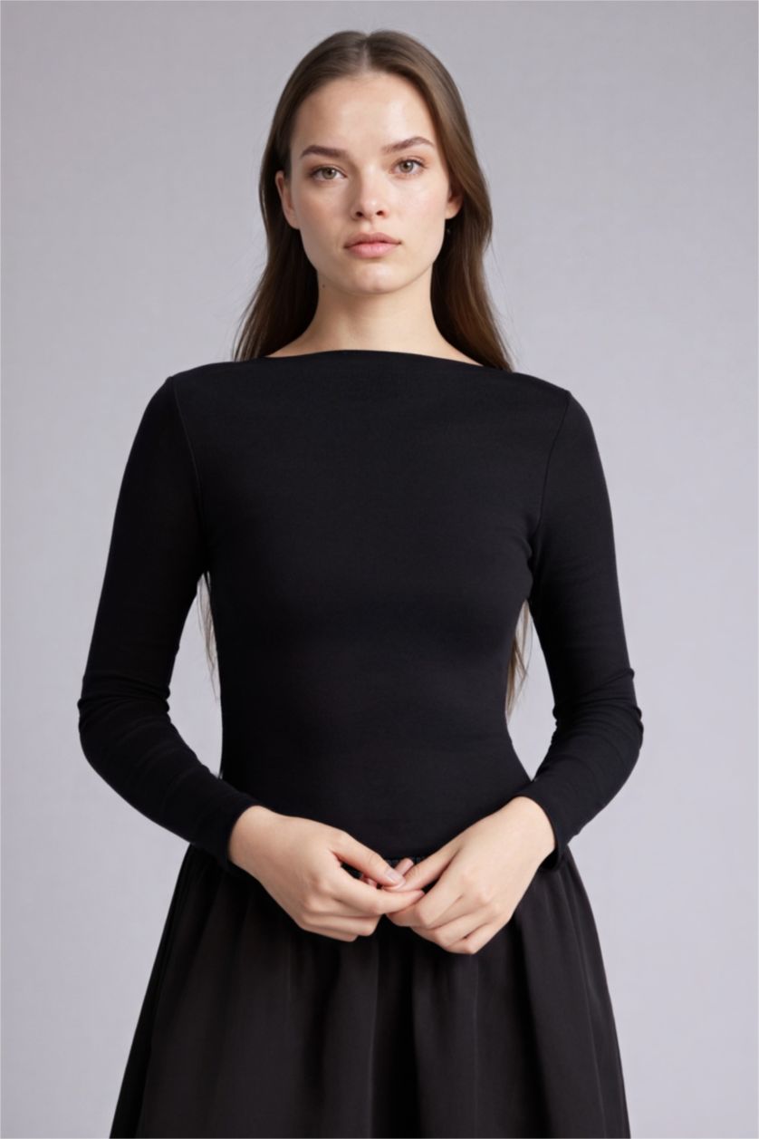 Woman Black Boat Collar Poplin Midi Dress