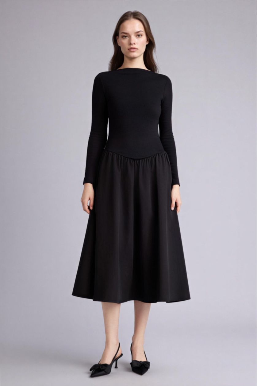 Женщины Черный Платье с коротким рукавом миди с вырезом лодочка из поплина