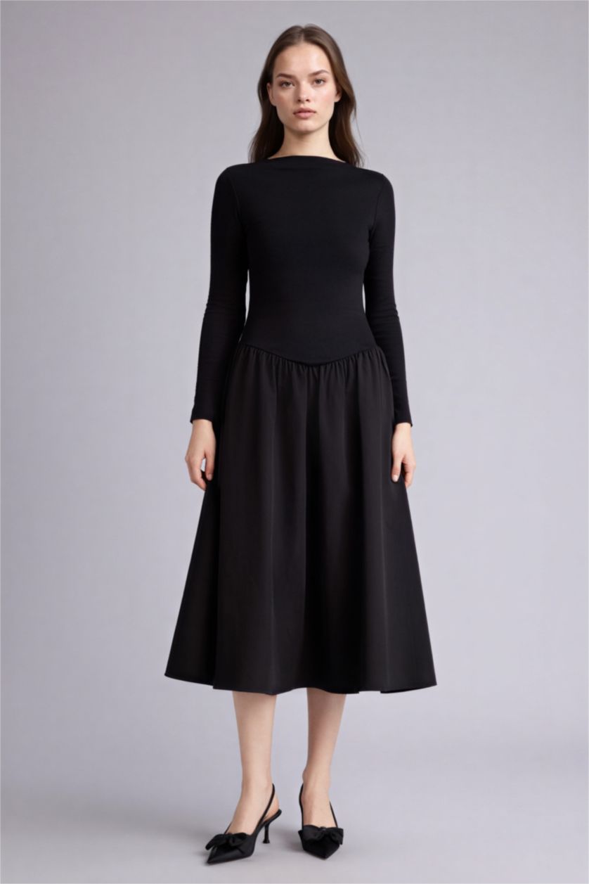 Woman Black Boat Collar Poplin Midi Dress