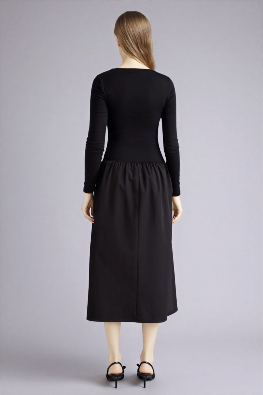 Woman Black Boat Collar Poplin Midi Dress