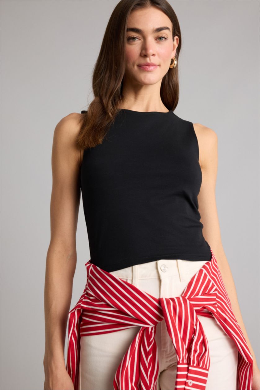 Женщины Черный Базовая однотонная майка Regular Fit с круглым вырезом