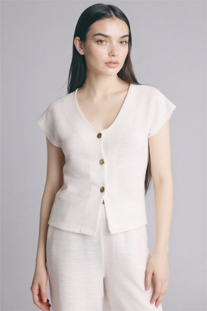 Woman Ecru Regular Fit V-Neck Tank Top