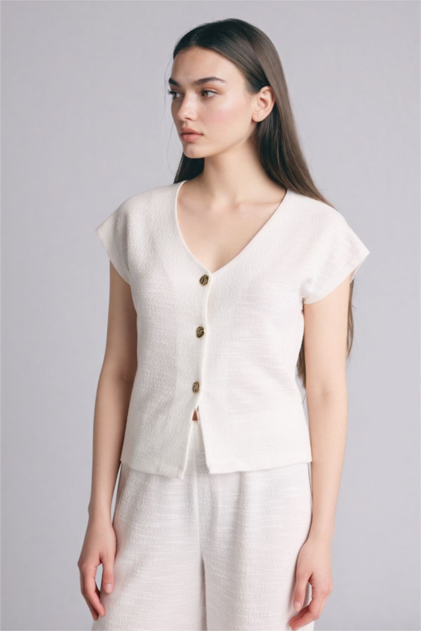 Woman Ecru Regular Fit V-Neck Tank Top