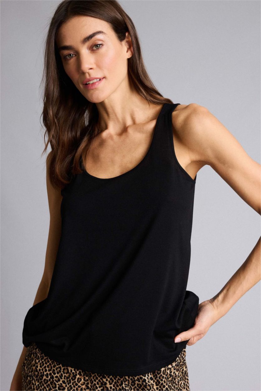 Женщины Черный Базовая однотонная майка Regular Fit с круглым вырезом